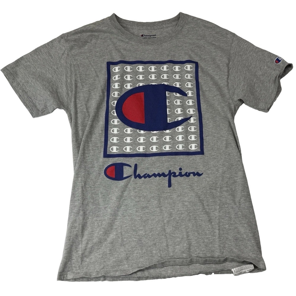 Champion Logo T-Shirt Men's Medium Gray Short Sleeve Cotton - Picture 1 of 7